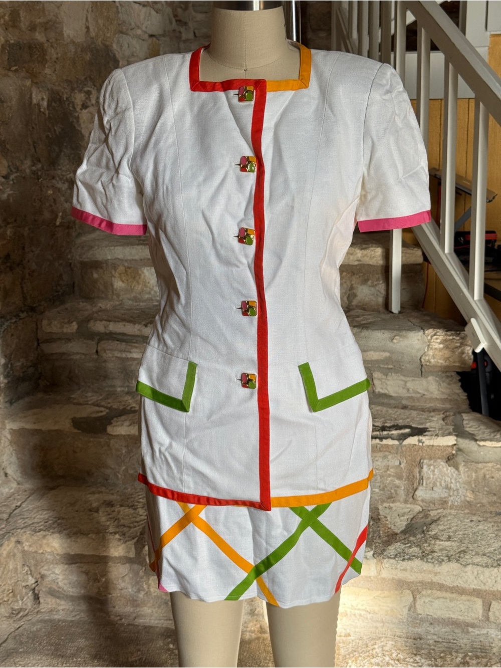 Vintage Bill Blass White Blazer and skirt with Red, Pink, Green & Orange Trim